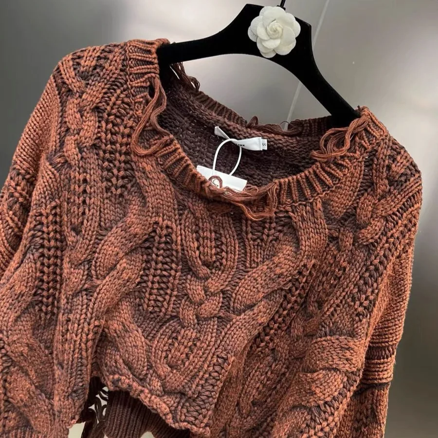 Pull tricoté à manches longues et col rond, ample, avec trous délavés, mode de rue, automne hiver 2025