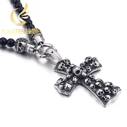 Fongten Cross Skull Charm Pendant Necklace For Men Stainless Steel Glass Beads Chain Long Necklaces Men Gothic Skeleton Jewelry