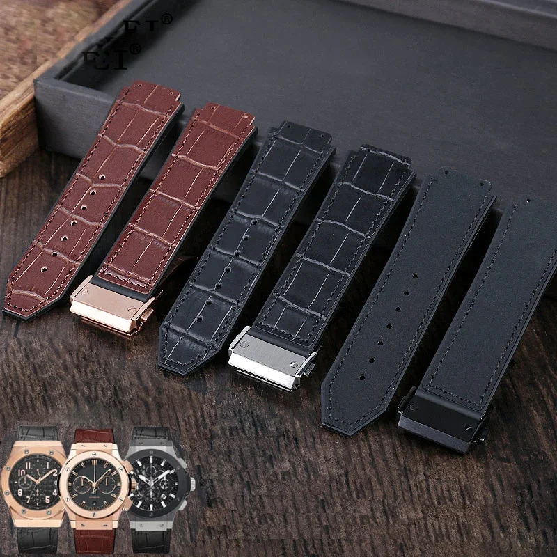 

For Hublot strap BIG BANG Watchband stainless buckle free tool Men New real cow leather Rubber Watchband 25*19mm Brown Black 4.6