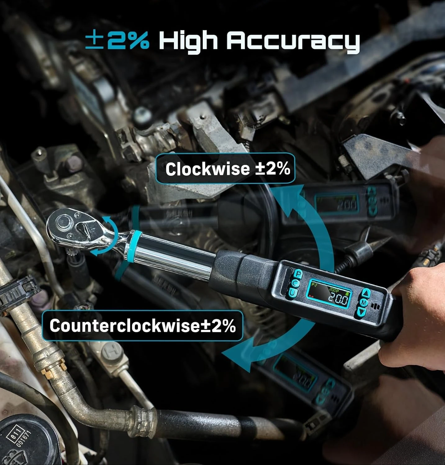 مفتاح عزم دوران رقمي 3/8 بوصة، دقة ±2%، 0–220 نيوتن متر/0–162 قدم-رطل، شاشة LCD، أوضاع في الوقت الحقيقي وتخزين البيانات، جديد #4