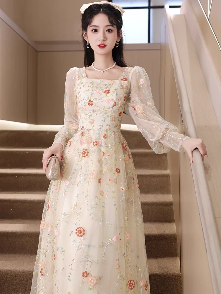 

Ele Fairy T Sle Evening Gown Women's 2024 New Adult Luxury High Waist Long Sve Floral Print Korean Sle Dr