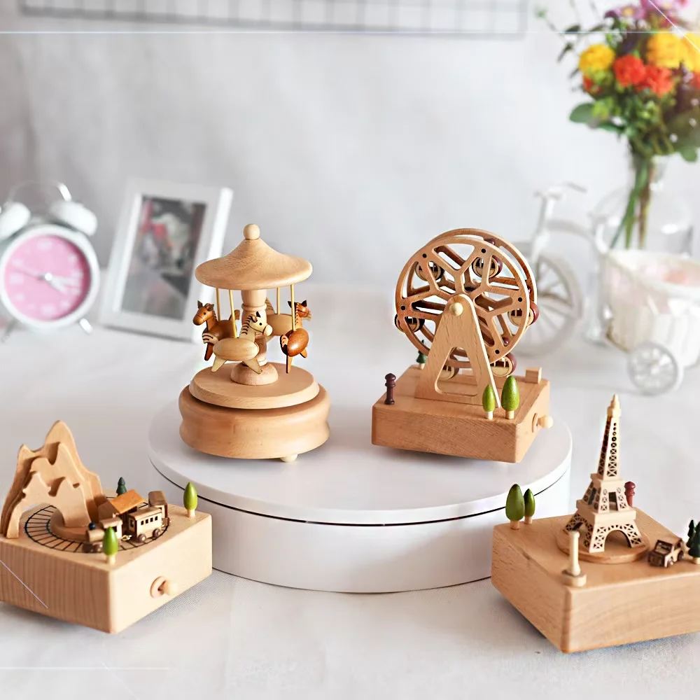 

Christmas Gifts Custom Logo Various Styles Melody Carousel Horse Ballet Ferris Wheel Beech Wood Music Box for Gift