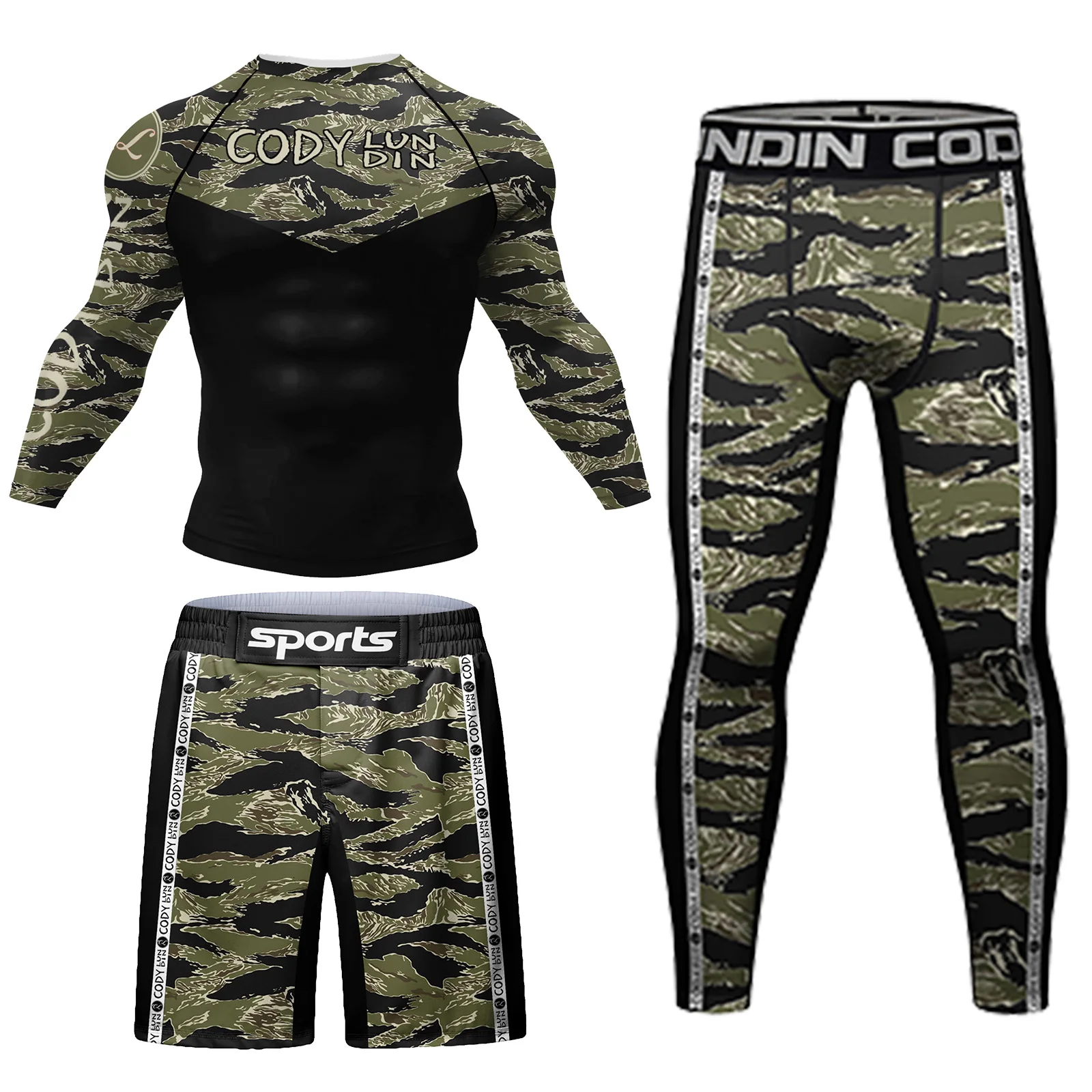 Cody Lundin Custom 4 piece bjj mma rash guard set,rash vest,sublimation men leggings fight boxing gym shorts compression t shirt