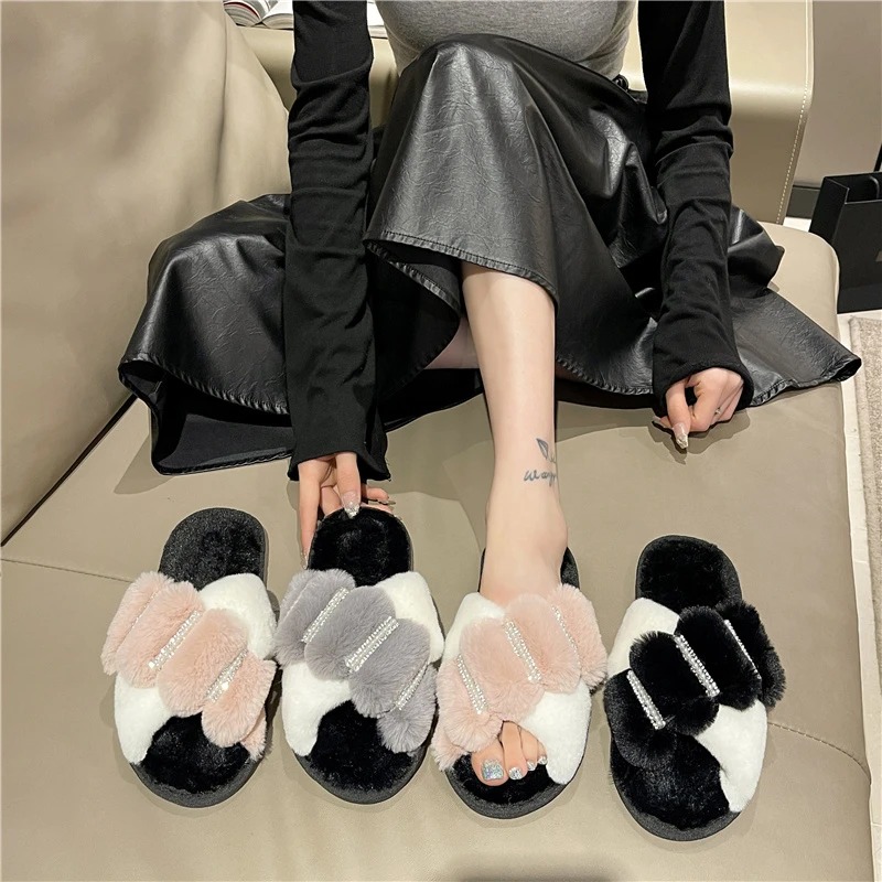 

Зимние женские тапочки, плюшевая теплая напольная нескользящая домашняя обувь на плоской подошве, пушистая семейная обувь, модная нескользящая женская обувь