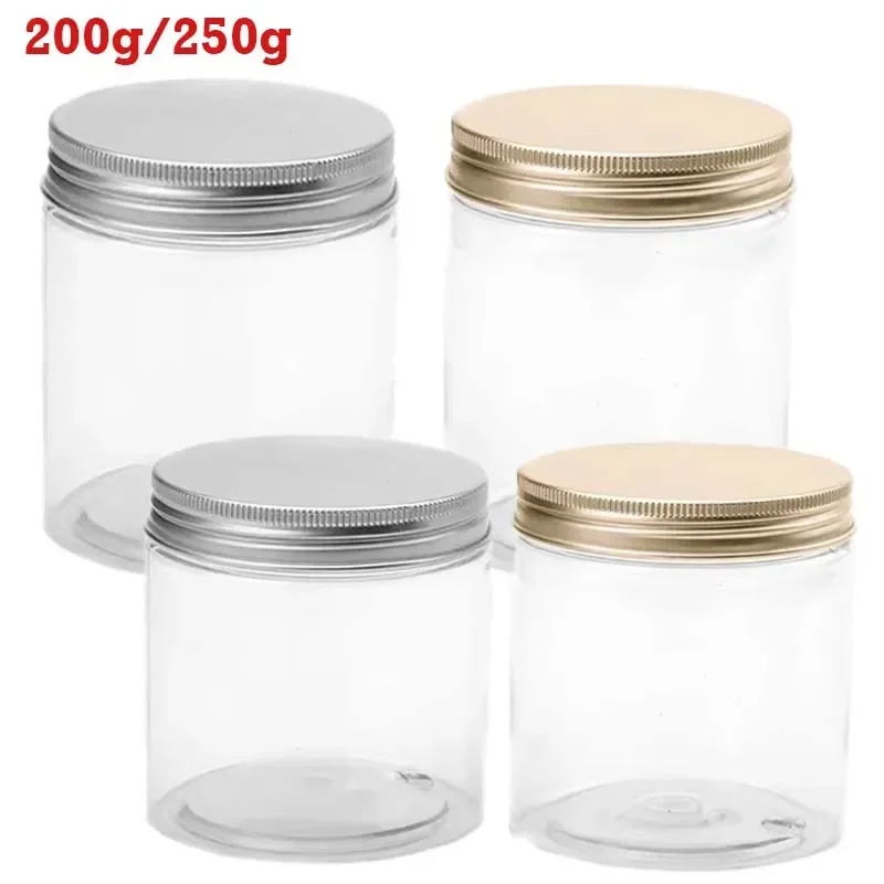 12 sztuk pustych plastikowych słoików kosmetycznych z aluminiową pokrywką 200/250g przezroczysty pojemnik na kosmetyki krem ​​do twarzy pojemnik na próbki na akcesoria podróżne