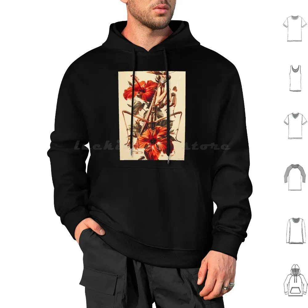 Nature’s Embrace : Praying Mantis & Red Hibiscus-A Surreal Botanical Artwork Hoodies Long Sleeve Praying Mantis