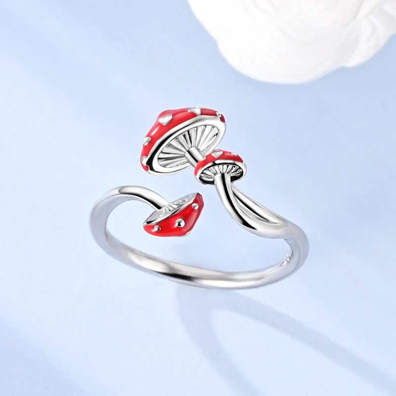 925 Sterling Silver Fashionable Red Mushroom Earrings Rings Charms Sets For Women Fine Birthday Wedding Jewelry Gifts