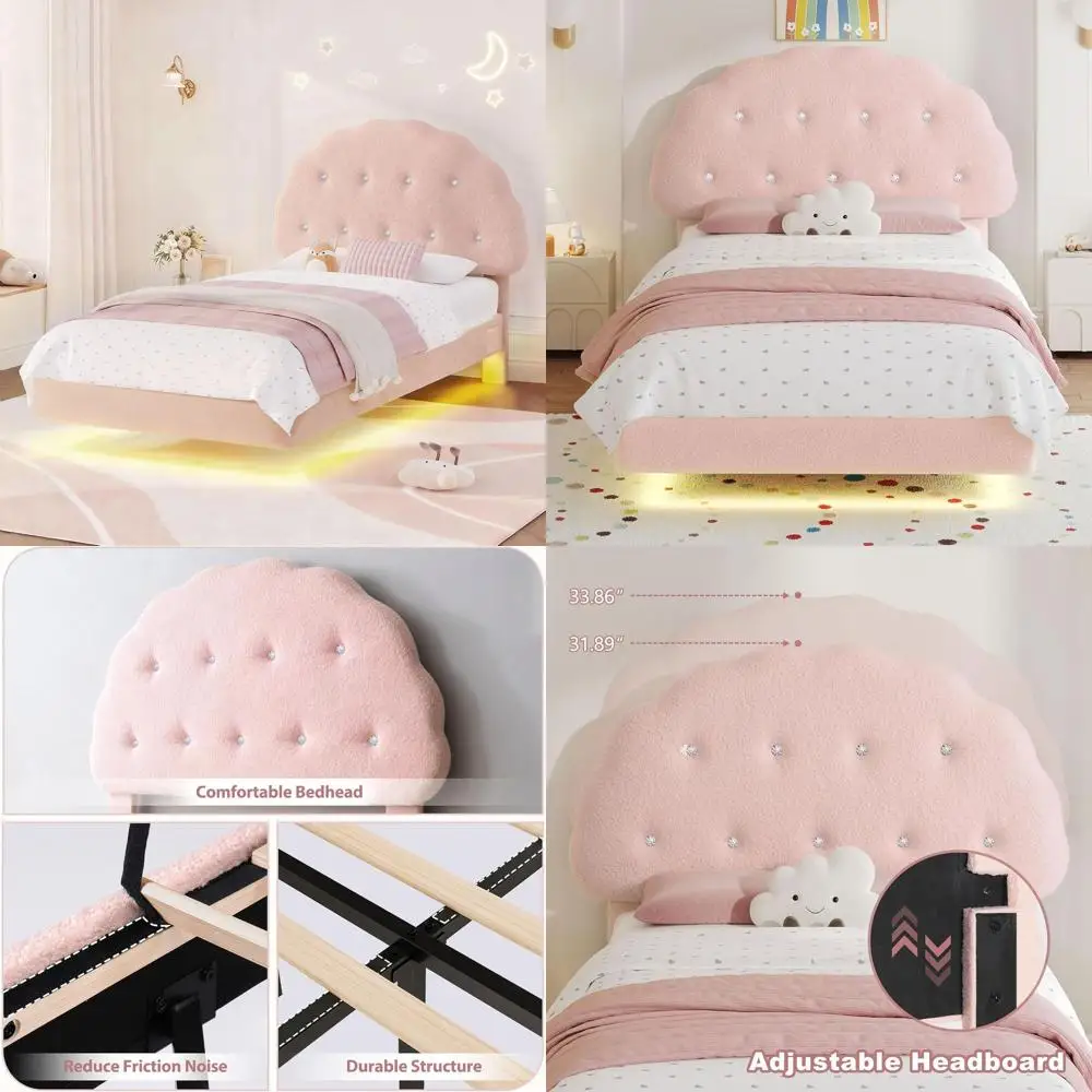 Cama Tapizada Cookie Twin con Luces LED, Cama Flotante con Tablero Ajustable y Tablero Elevado para Dormitorio de Príncipe
