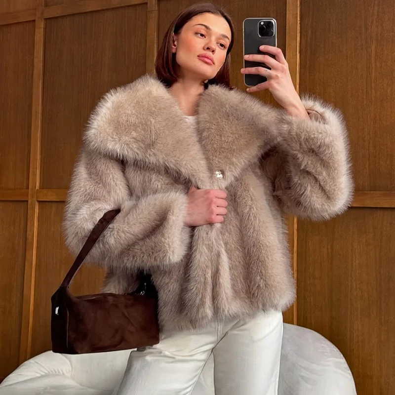 

Ticketsx Women Faux Fur Coat Solid Vintage Fashion Lapel Patchwork Jacket Coat Casual Autumn Winter Warm Streetwear Female Coat