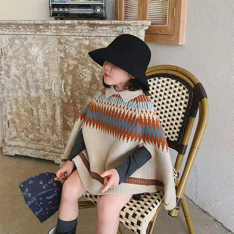 

Children's Collision Cape Shawl Girls Autumn New Temperament Korean Foreign Style Diamond Lattice Pattern Baby Girl Knitwear