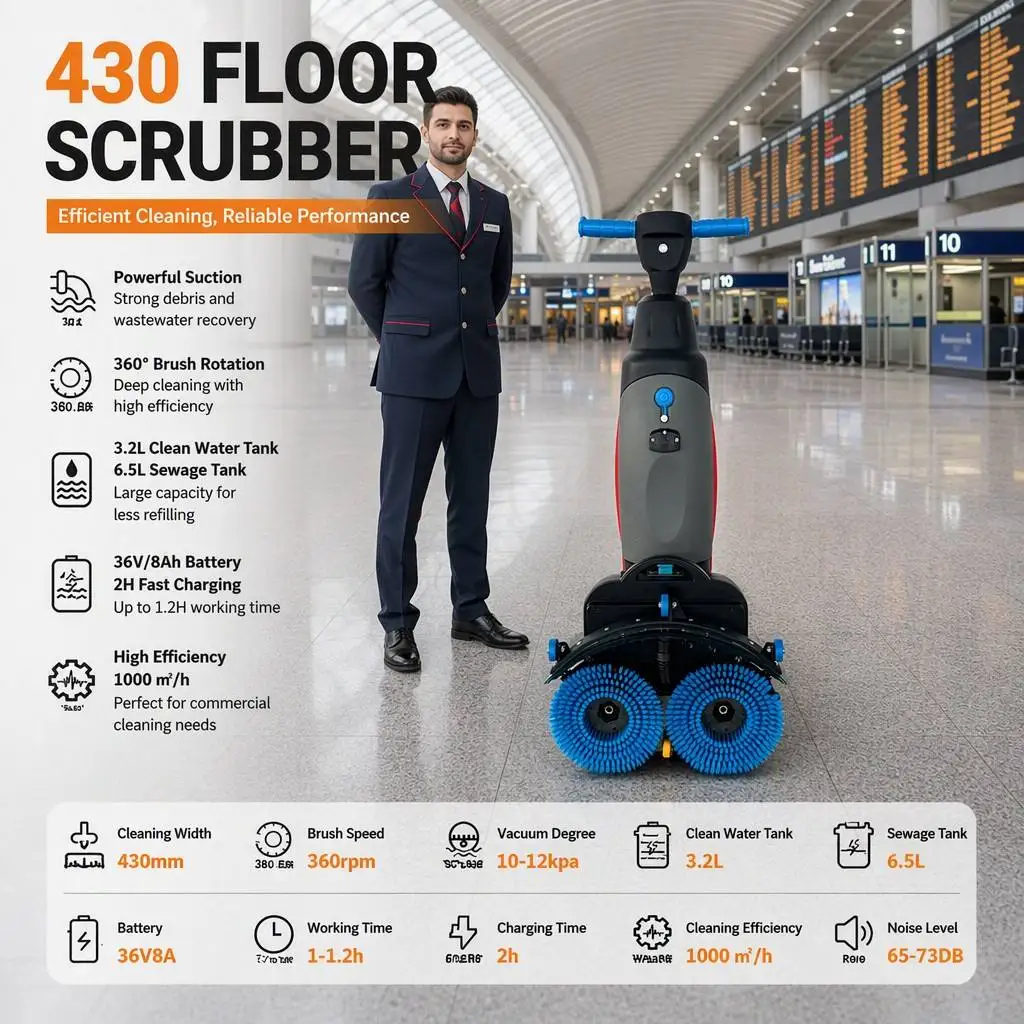 VOL-430 36V Lithium Battery Floor Scrubber for 430mm Wide Path Hand Push Commercial Building and Supermarket Cleaning
