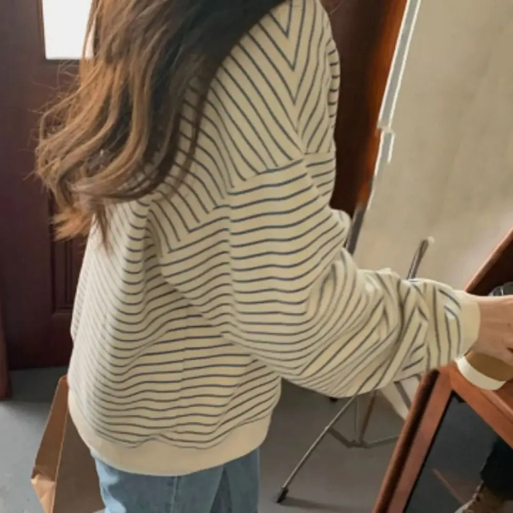 Confortável y2k listrado solto hoodies oversized com decote em v moletom com capuz feminino topos streetwear hoodies feminino estudante