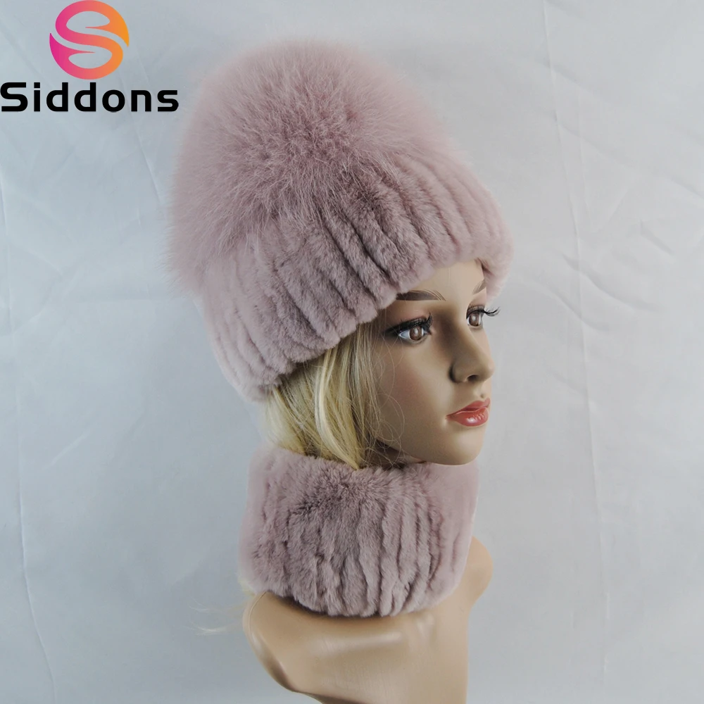 Hot Women Winter Luxury Real Rex Rabbit Fur Hat Scarf 2 Pieces Knitted Rex Rabbit Fur Hat Top Natural Fox Fur Cap Scarves Sets