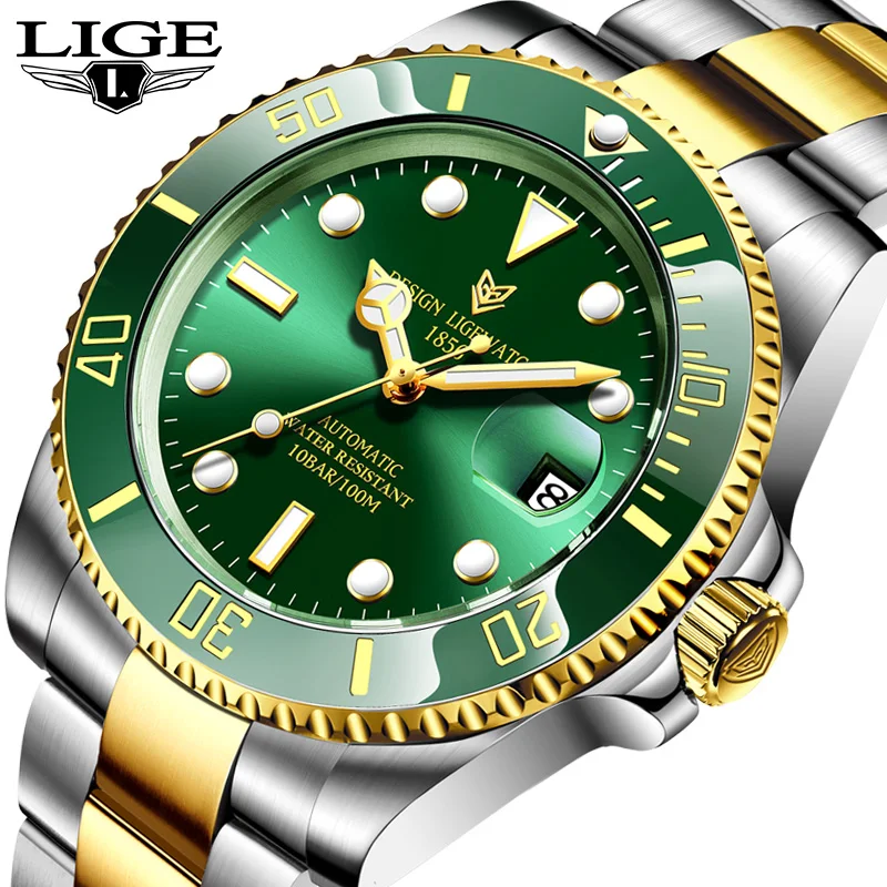 LIGE Top Brand Luxury Automatic Mechanical Men Watch Ceramic Bezel Men Dive Watches 5ATM Waterproof Man GMT Watch reloj hombre