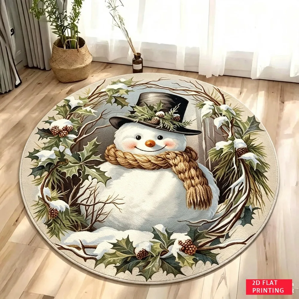 Top Hat Snowman Round Area Rug Pinecone Branch Circular Floor Mat Winter Holly Berry Seasonal Carpet for Hallway Office