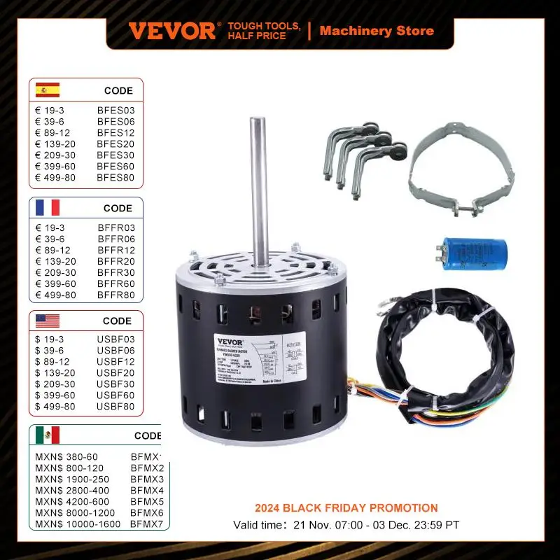 VEVOR Furnace Blower Motor 208-230V/110-120V 1075RPM 5 Speeds CW/CCW Rotation 48 Frame Single-Phase Motor Capacitor Hold Hoop