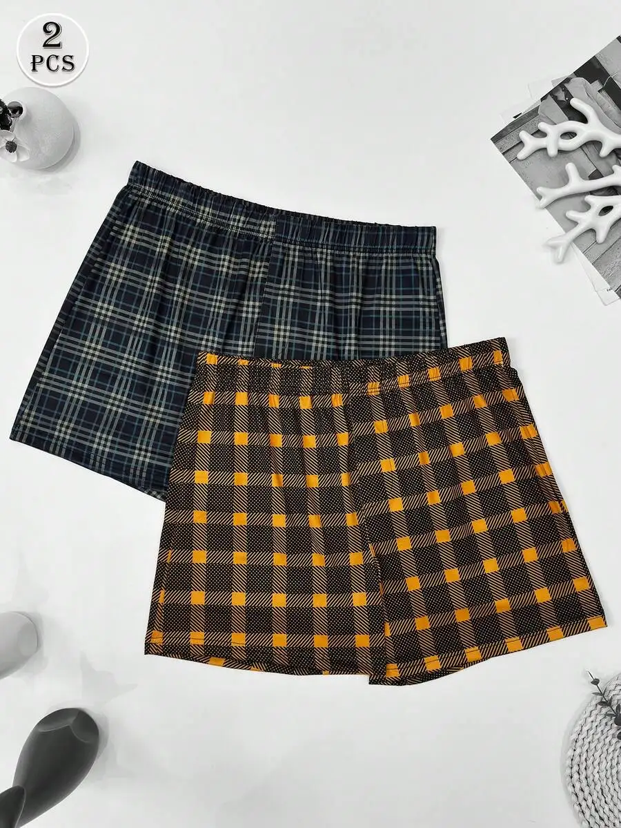 

2 Pcs Mens Loose Fit Breathable Plaid Boxer Shorts Elastic Waist Casual Summer Underwear