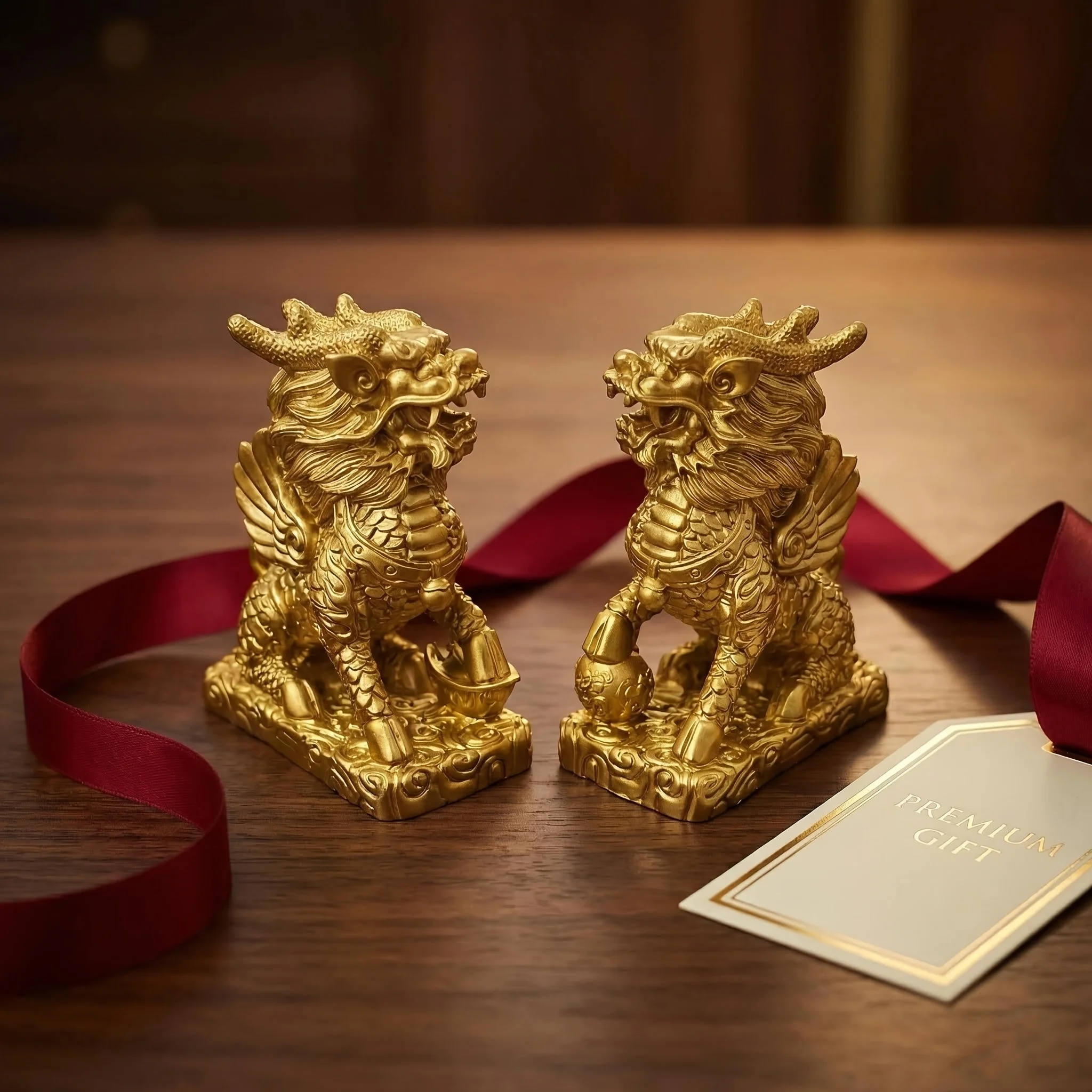 2PCS Resin Wealth & Good Luck Figurines, Traditional Chinese Mythical Beast Sculptures for Home Office Decor, Attract Positive E