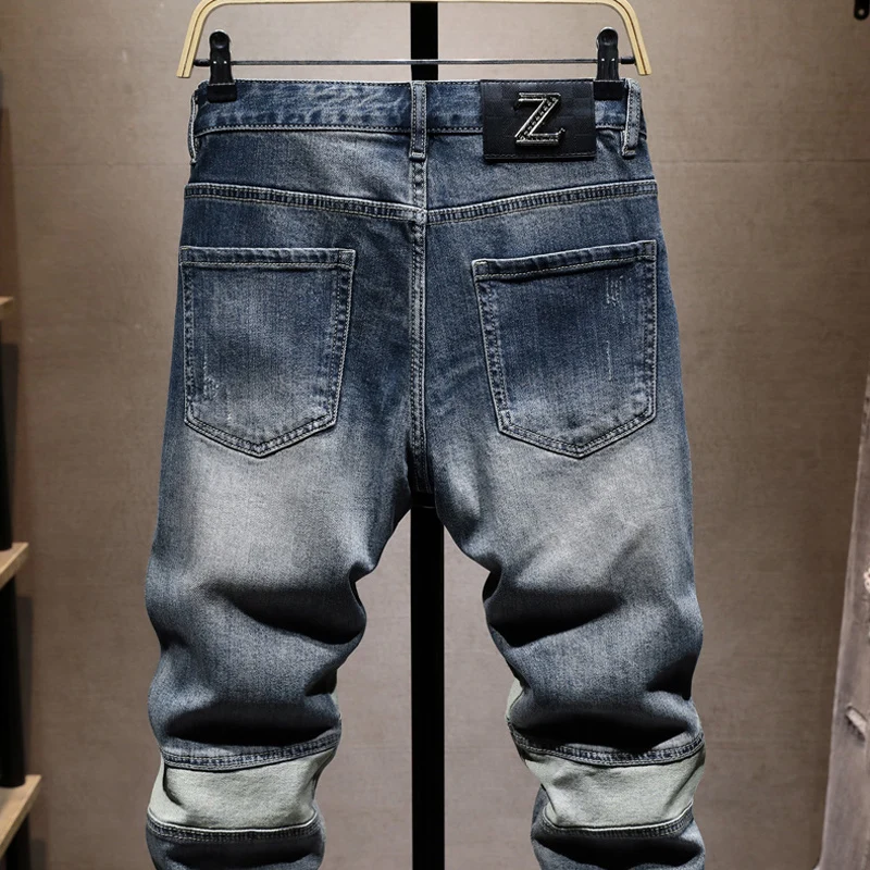 Jeans Pria Perancang Busana Jeans Robek Tambalan Slim Fit Biru Dicuci Retro Celana Denim Antik Y2K Hip Hop Sambungan Pria