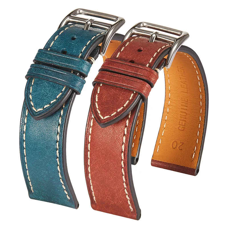 Vintage Italian First Layer Cowhide Watchband 20mm 22mm Handmade Vegetable Tanned Leather Watch Strap Customized Men Wristband