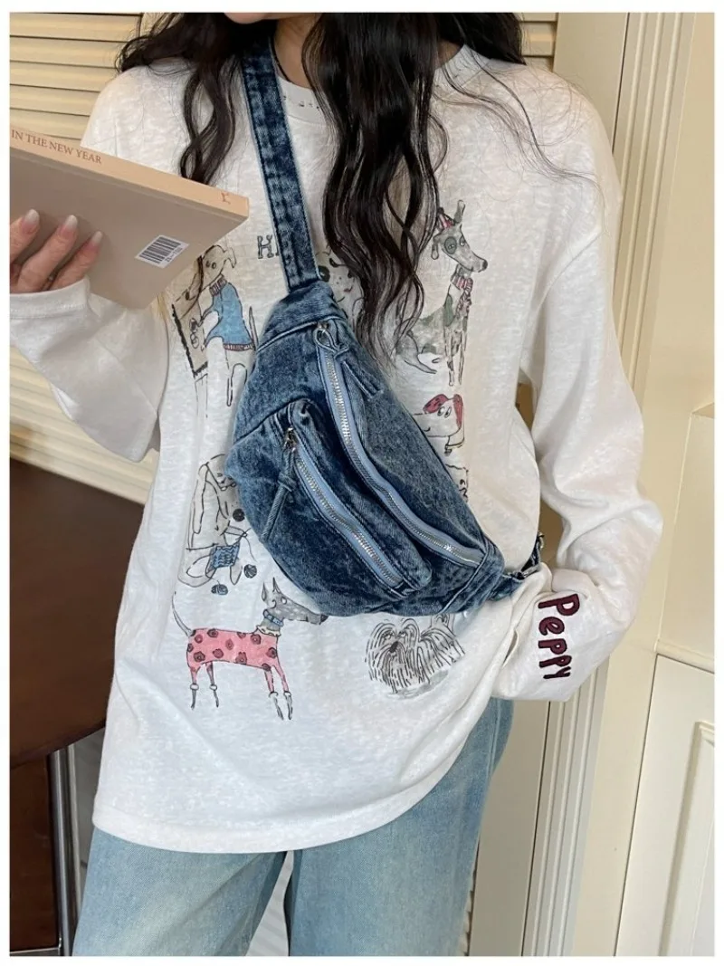 Damen Vintage Washed Denim Tasche mit Mehreren Taschen, Verstellbarer Riemen Crossbody Gürteltasche für Tägliche Aufgaben und Outdoor-Aktivitäten – Detail 10