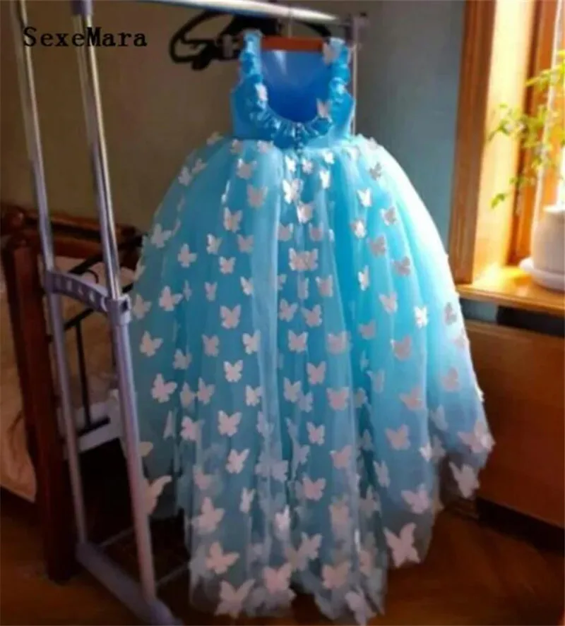 

Cute Little Girls Birthday Dress Ball Gown Flower Girl Dress Puffy Tulle 3D Butterfly Kids Pageant Gown Size 2-16Y