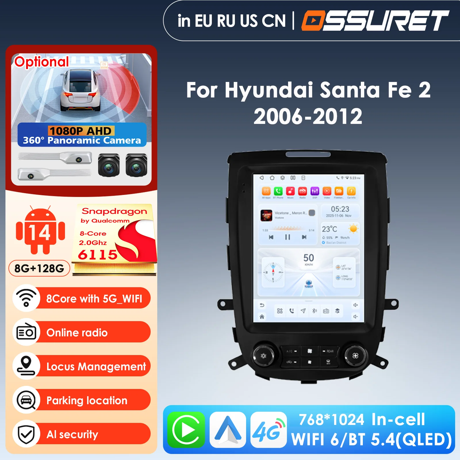 

9,7-дюймовый экран AI, интеллектуальный плеер, Android, автомобильное радио для Hyundai Santa Fe 2 2006-2012 Carplay Auto 4G GPS 2din, авторадио RDS