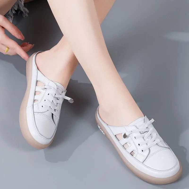 2023 New 35-43 Large Women\'s Shoes Soft Breathable Sandals Hollow White Women Casual Flat Outdoor Light Plus Size Half Slippers