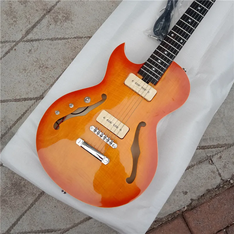 Left and Right Handed Semi Hollow Electric Guitar,Orange Flame Maple Top, Mahogany Body, Rosewood Fingerboard, BJ-117 450