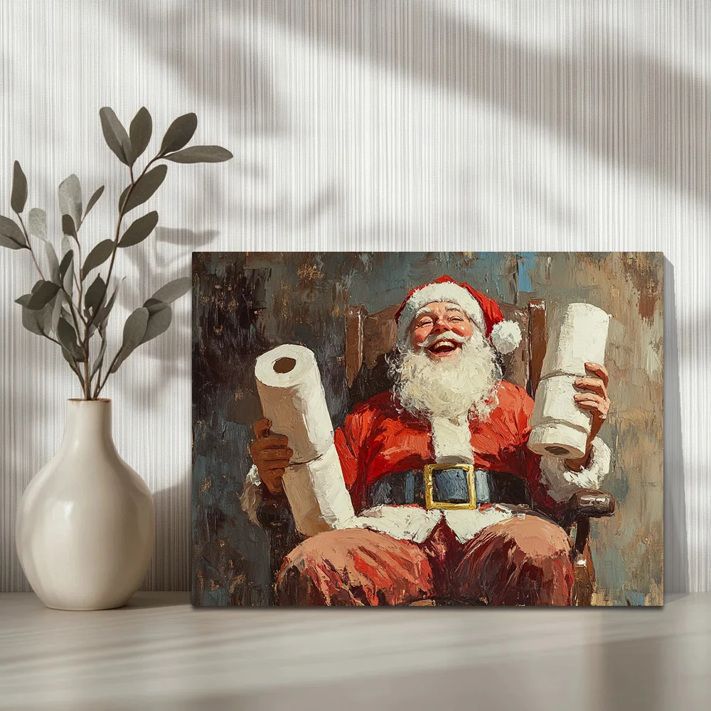 1pc,Santa Claus Sat There, Holding A Few Rolls Of Toilet Paper And Smiling Happily C, Modern Canvas Wall Art,  Framed, 16x12inch