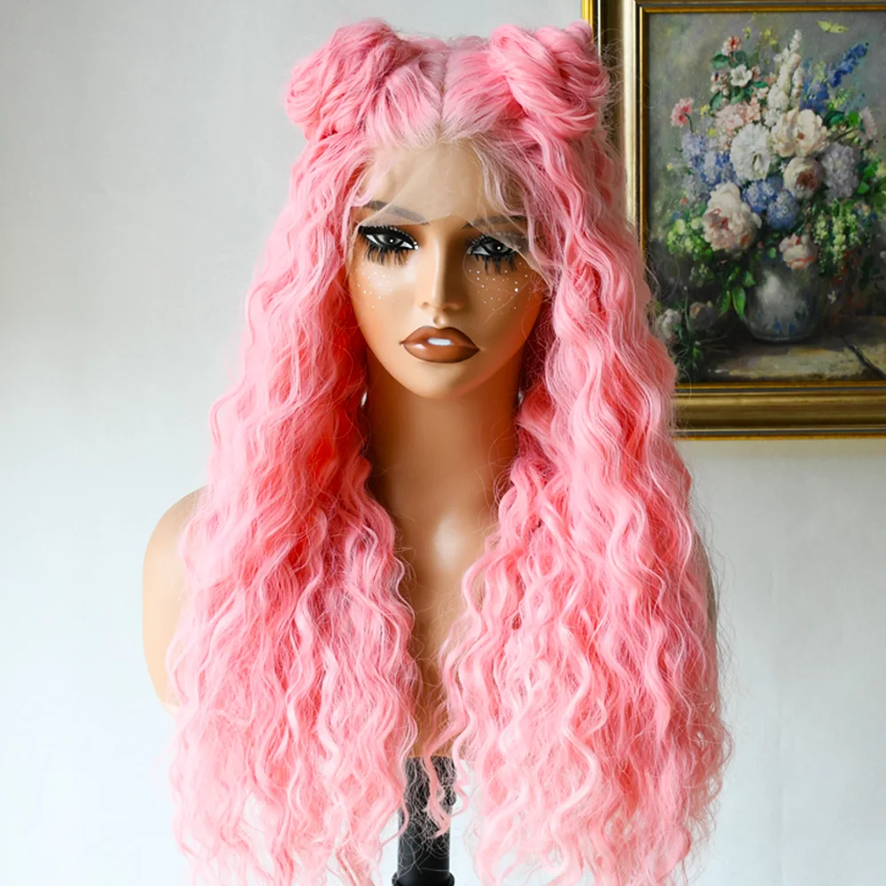 Parrucche anteriori in pizzo sintetico rosa Parte libera Onda profonda Parrucche in pizzo senza colla per capelli in fibra naturale resistente al calore per le donne