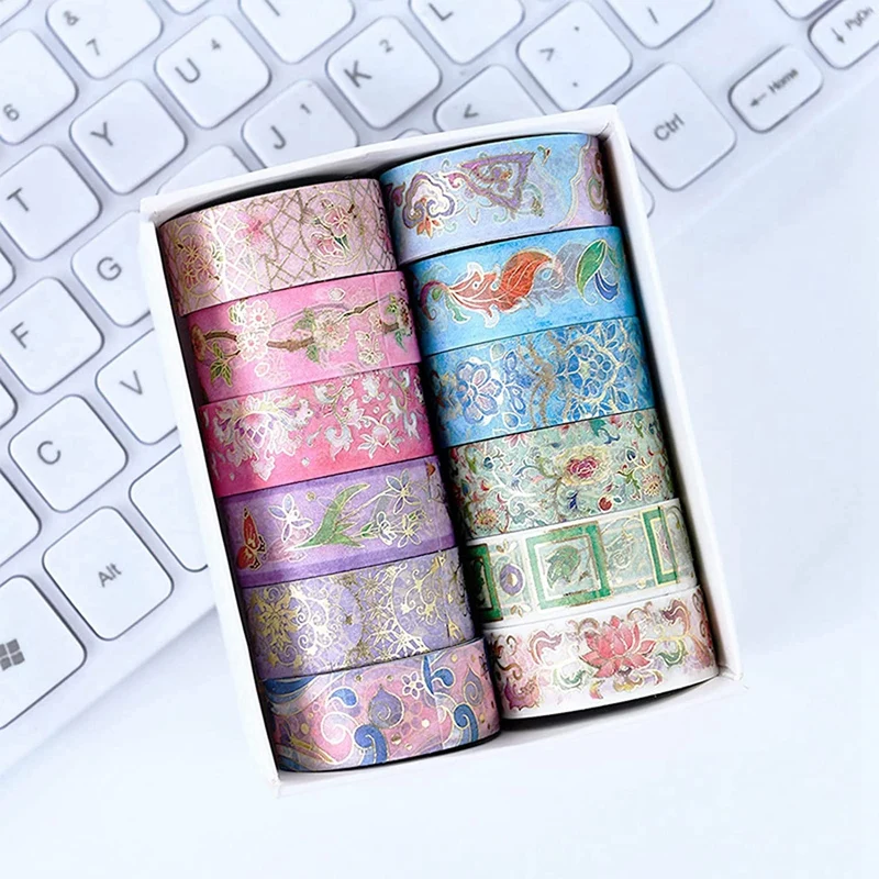 Set di nastri Washi con fiori in lamina d'oro, carta con nastro Washi floreale per diario, arti e artigianato fai-da-te