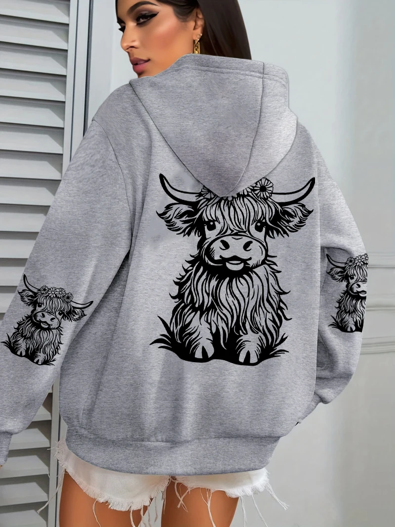 Niedliche Kuh-Haarmotiv-Kapuzenpullover mit Cartoon-Druck für Damen, Fleece-Herbst-Streetwear, bequemer lässiger Hoodie, Y2K-Taschen-Kapuzenpullover, vielseitig kombinierbar – Detail 7