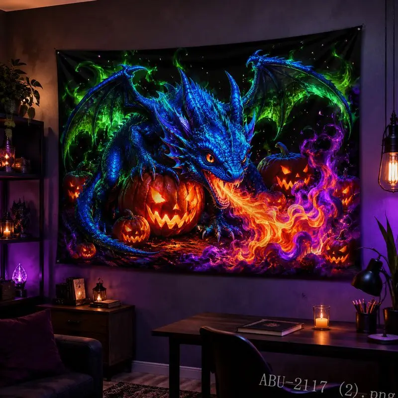 VIKAMA Halloween Skeleton Ghost Tapestry, Fluorescent Psychedelic Horror Wall Hanging, Aesthetic Dorm Esports Room Decor