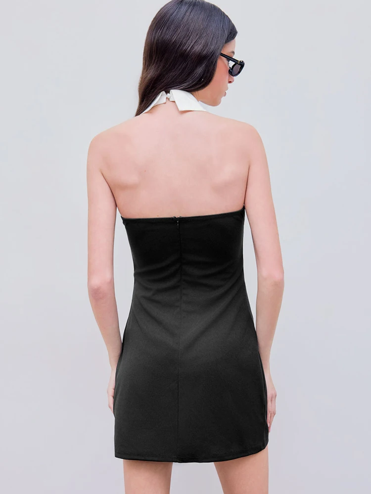 فساتين راقية صيفية 2025 فستان قصير مثير بدون ظهر وطية صدر السترة باللونين الأبيض والأسود ملابس الفتيات الصغيرات #5