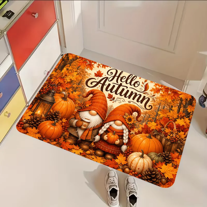 Hello Autumn Pumpkin Maple Leaf Non Slip Doormat Farmhouse Fall Harvest Front Entrance Rug Indoor Outdoor Home Floor Decor