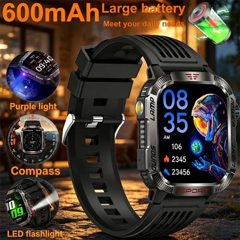 

600mAh Battery New Military GPS Smart Watch Men Flashlight Compass Waterproof Outdoor Sport Tracker Bluetooth Call Smartwatch
