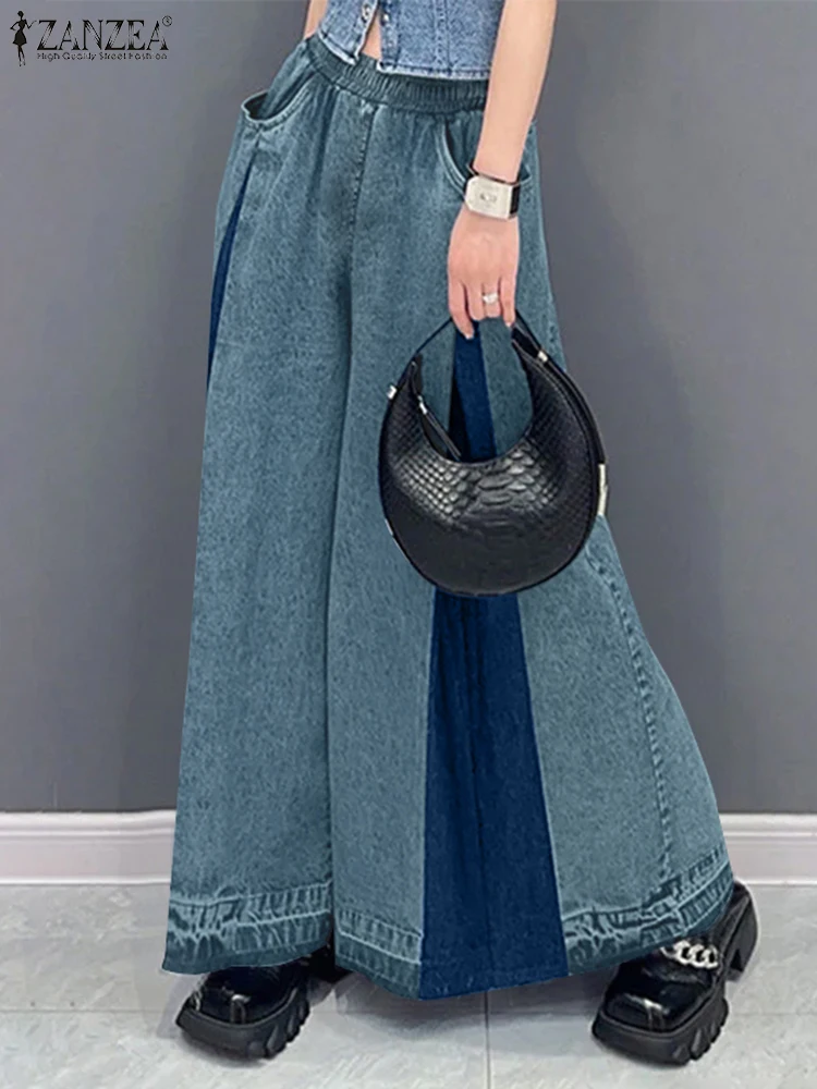 

Women Colorblock Pants ZANZEA Fashion Elastic Waist Wide Leg Trouser Holiday Pockets Korean Bottoms Casual 2025 Long Pantalones