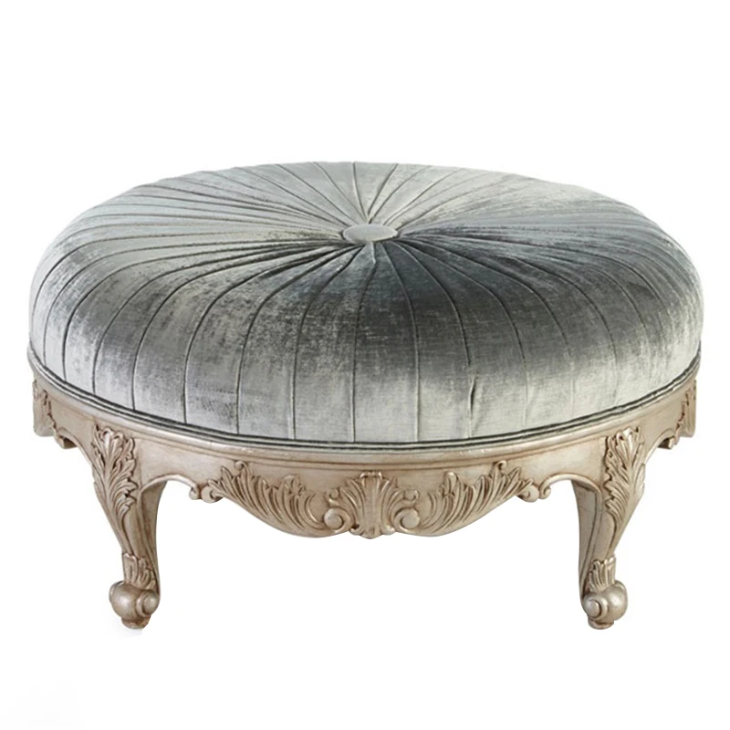 

*European solid wood carving flower retro round sofa stool wood fabric change shoes country old bedside stool