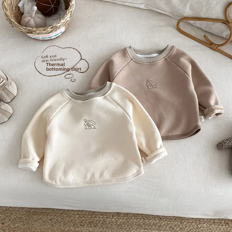 

Children's Non Inverted Velvet Undercover 2025 New Winter Boys' Embroidered Small House T-shirt Baby Sleeve Top