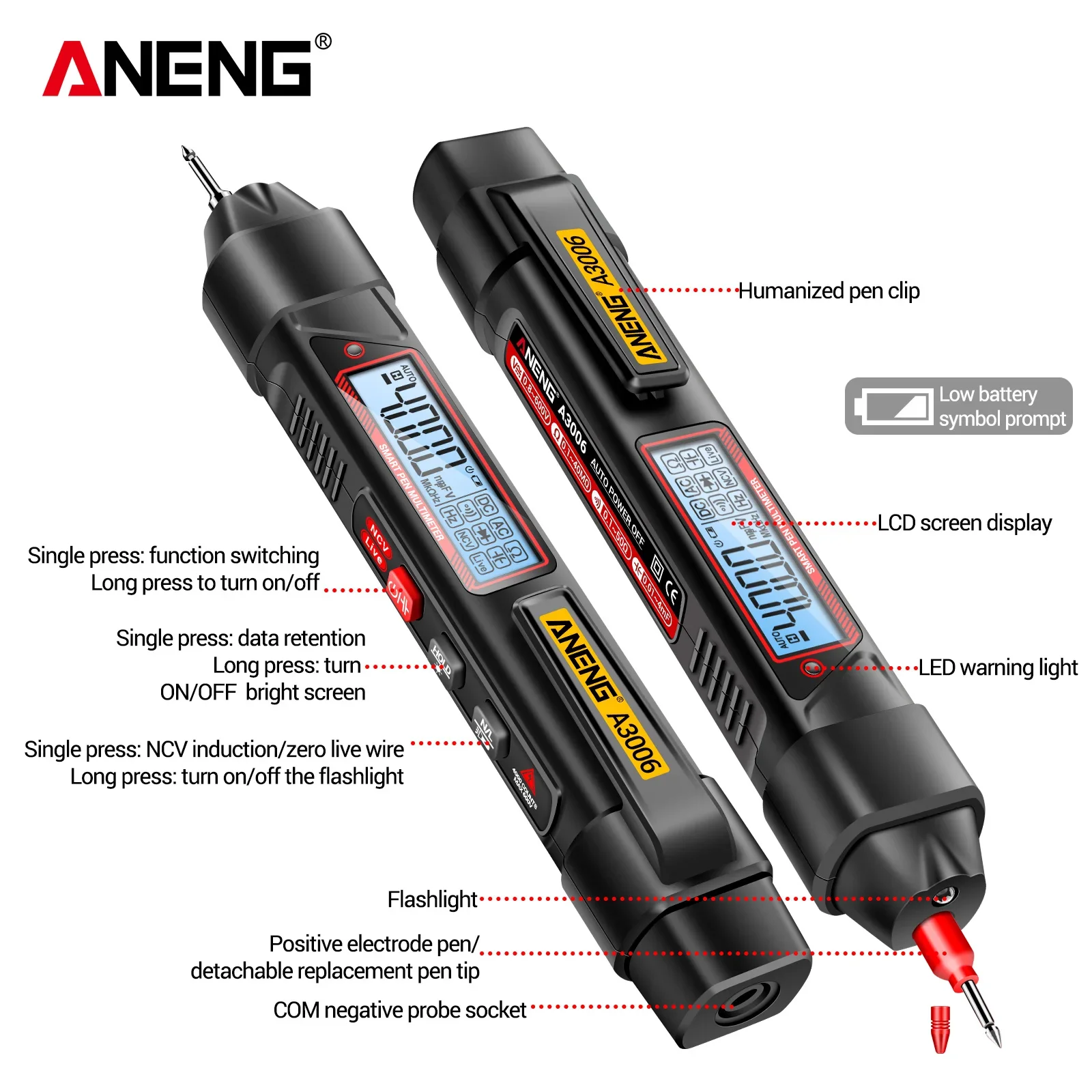 ANENG A3006 Pen Multimeter Mini Digital 4000 Counts Professional AC/DC Voltage Ohm Diode Capacitance Resistance NCV Test Tools