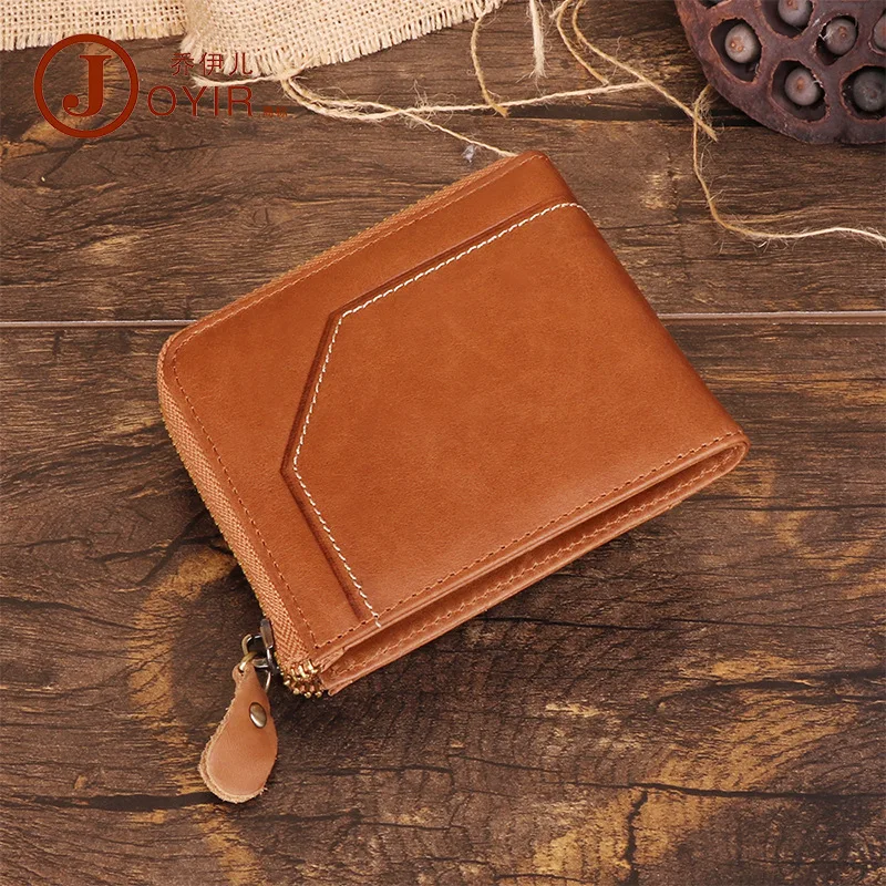 Customized Men's Wallet Business Retro RFID Genuine Leather Wallet Multiple Card Slots Short Zipper Handbag Coin Purse