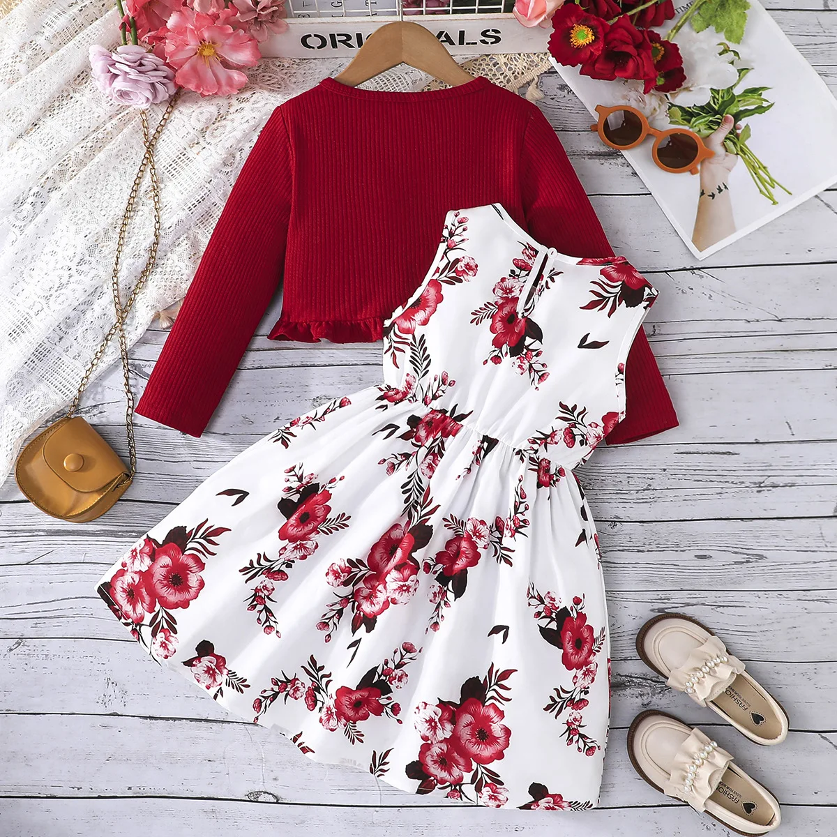 2Piece Spring Autumn Toddler Girl Clothes Fashion Flowers Print Cute Bow Long Sleeve Baby Tops+Dress Boutique Kids Clothing B023