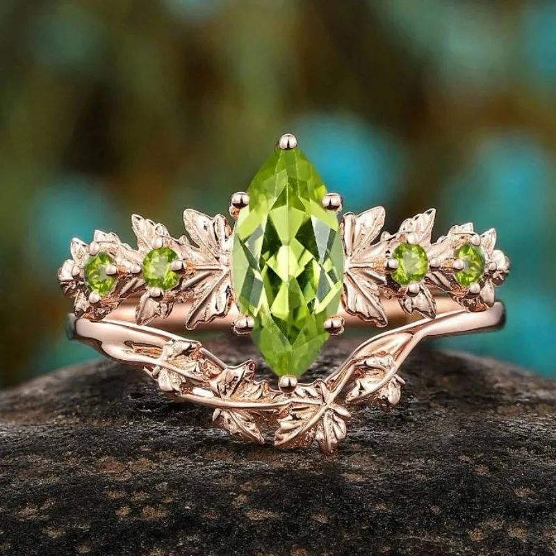 

New Rose Gold Inlaid Green Zircon Ring - Creative Marquise Flower Design Light Luxury Wedding Engagement Jewelry for Women