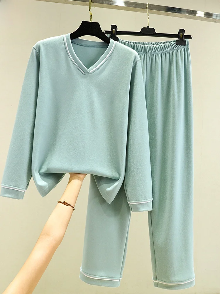 

Thickened V-neck Home Clothes Set Women's Winter Sleepwear Long Sleeve Casual Large Size Outdoor Wearable Two-piece Set