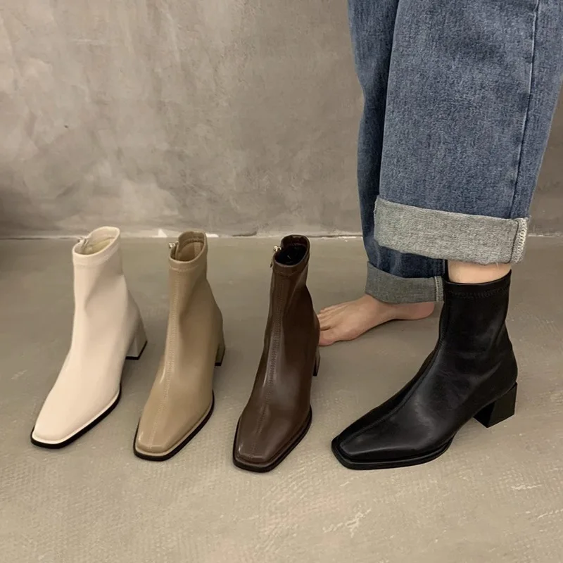 Autumn Winter Design Heel Ankle Boot Fashion Square Toe Zipper Ladies Casual Chelsea Boots Shoes Soft Leather Short Boot