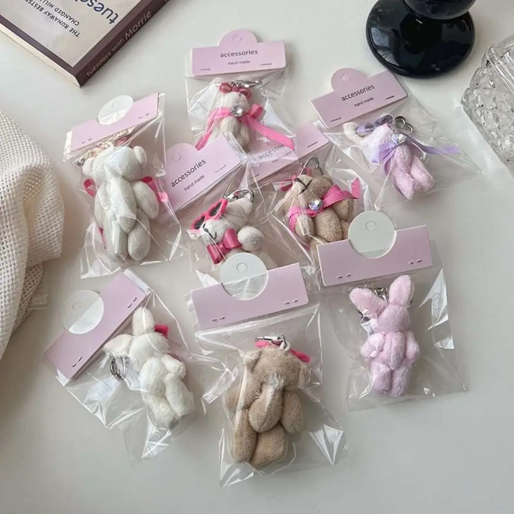 Plush Heart Bow Bear Pendant Stuffed Doll Hanging Ornament Bag Pendant Cartoon Animal Bow Rabbit Doll Keychain Bag Accessories