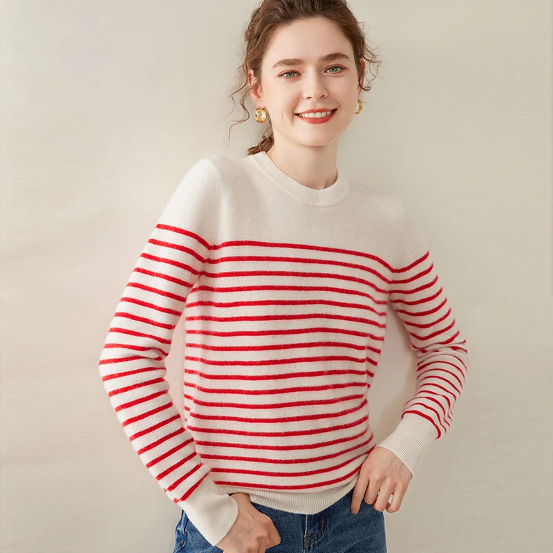 

Women 100% Cashmere Sweater Autumn Winter Knitwear Pullover New Classy O-Neck Striped Jumper Cozy Fashion Female Soft Warm Tops