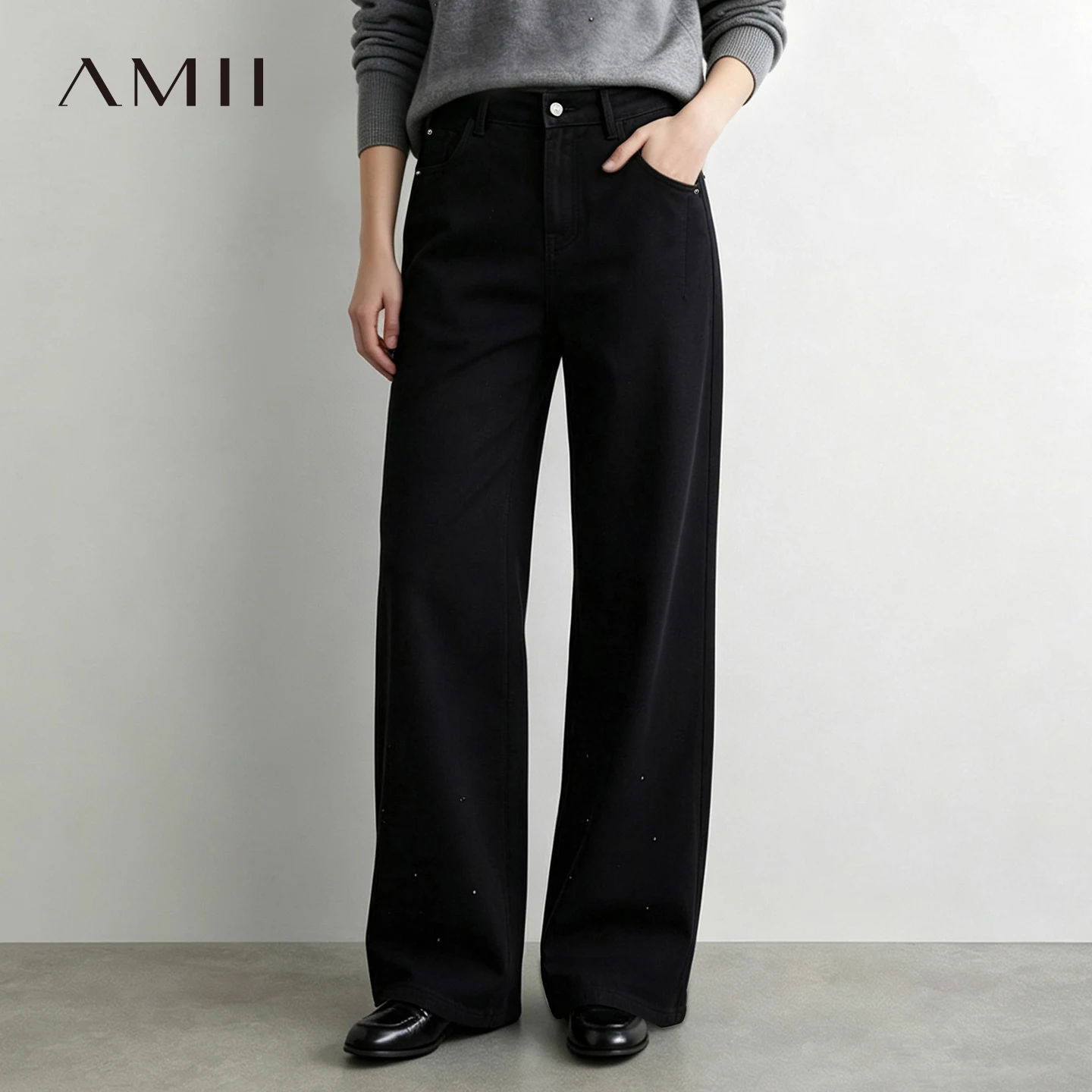 Amii Women Wide Leg Jeans Cotton Rhinestone Long Pants Slimming Loose Fit Trousers Casual Versatile 2026 Autumn Bottoms 12613027