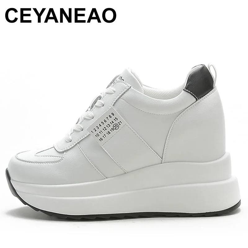 

2025 9cm Women Shoes Genuine Leather Platform Wedge Sneakers Chunky Shoes for Spring Autumn Summer Shoes Women Hidden Heel